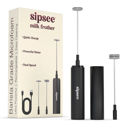 Sipsee milk frother with packaging on a white background